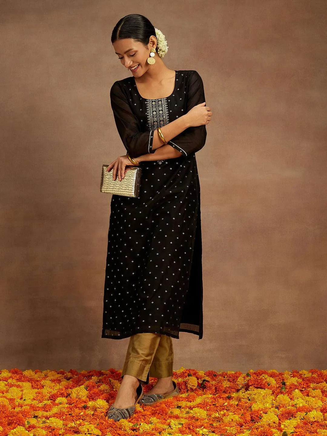 black-woven-design-chanderi-silk-straight-kurta-libas-1.webp Black Woven Design Chanderi Silk Straight Kurta - Image 1
