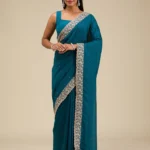 Peacock Blue Threadwork Soft Silk Saree